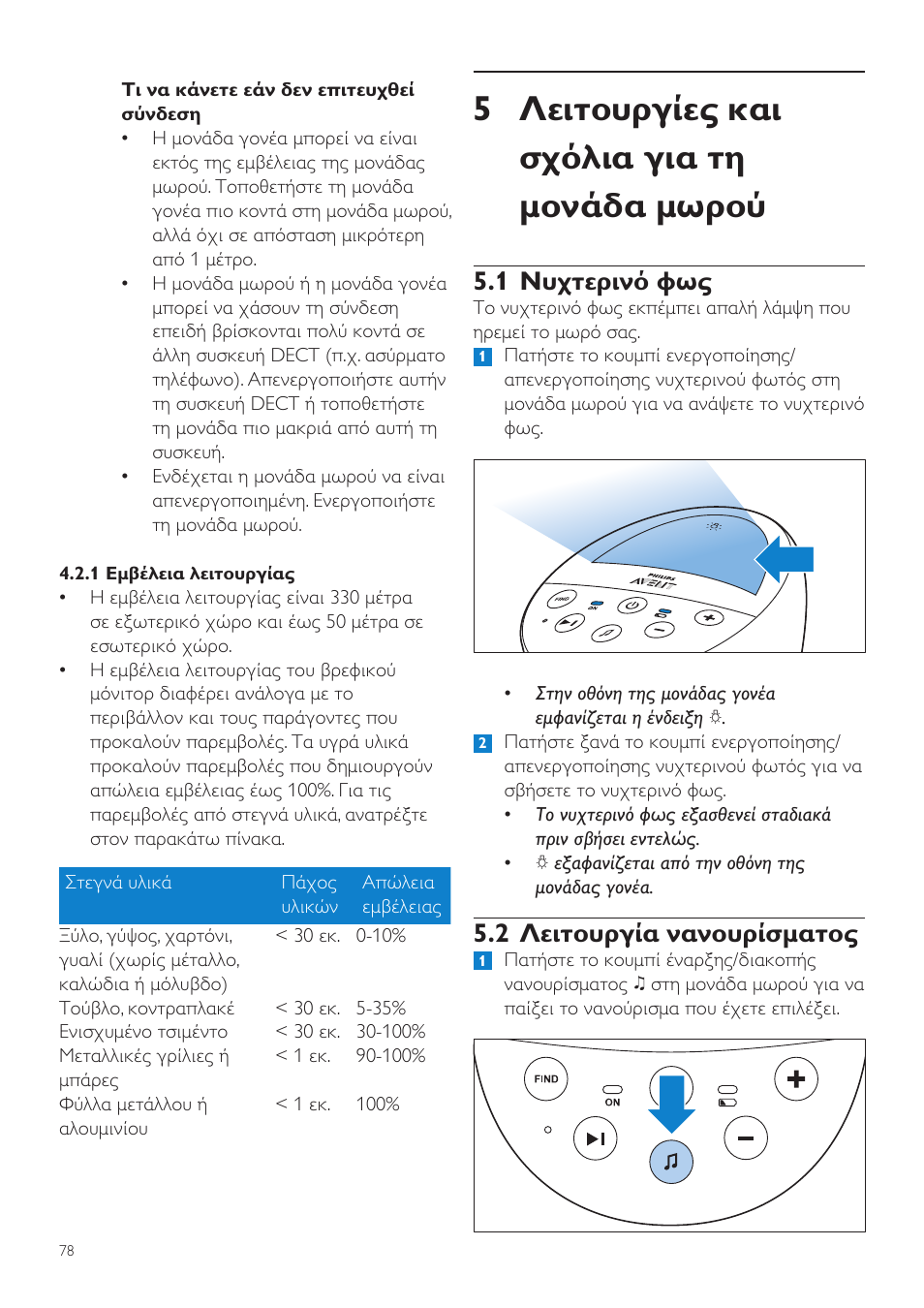 5 λειτουργίες και σχόλια για τη μονάδα μωρού, 1 νυχτερινό φως, 2 λειτουργία νανουρίσματος | Philips AVENT Écoute-bébé DECT User Manual | Page 78 / 328