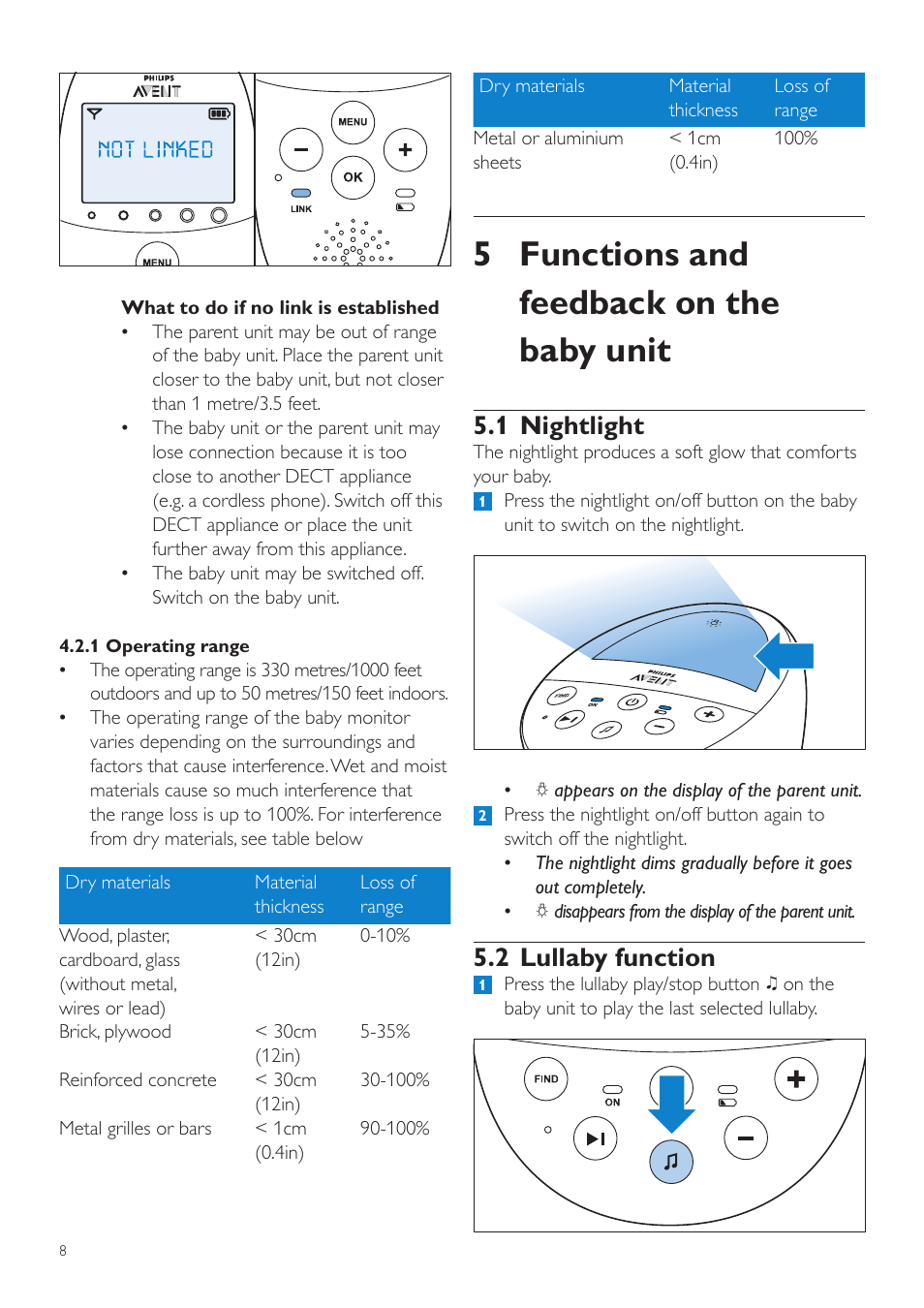 5 functions and feedback on the baby unit, 1 nightlight, 2 lullaby function | Philips AVENT Écoute-bébé DECT User Manual | Page 8 / 328