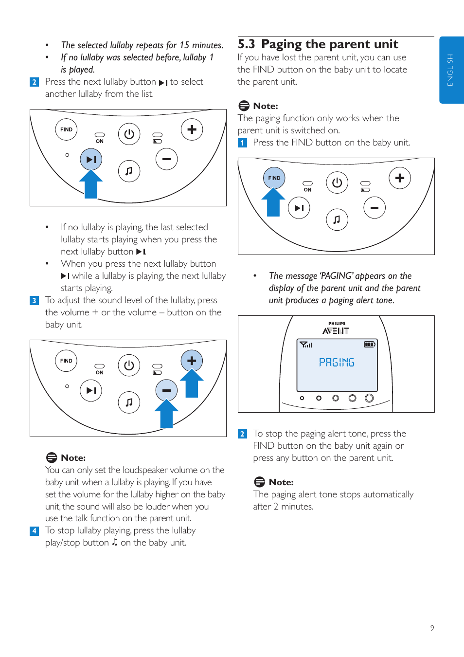 3 paging the parent unit | Philips AVENT Écoute-bébé DECT User Manual | Page 9 / 328