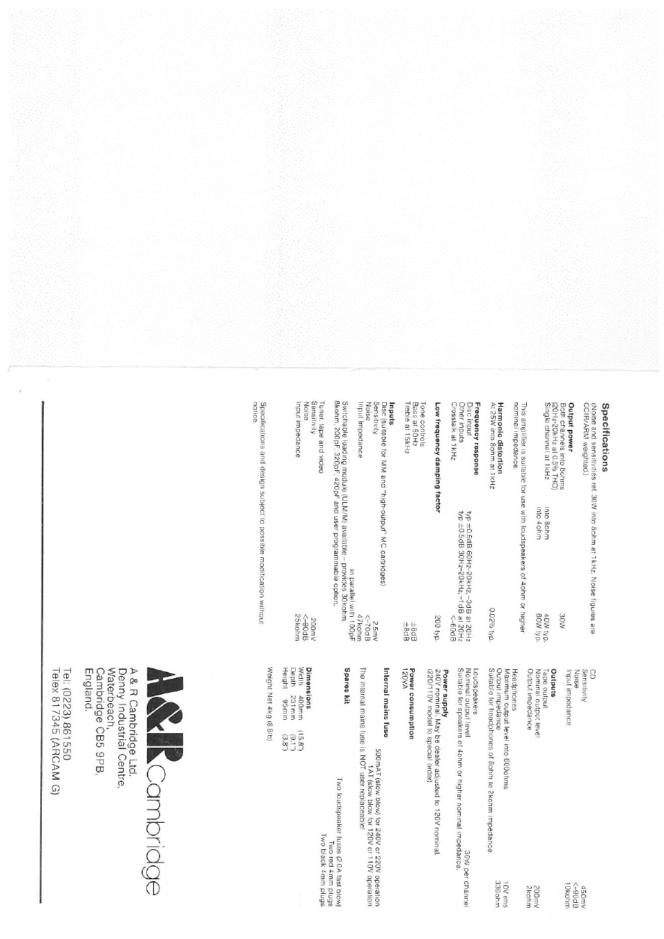 A<, Cambridge | Arcam Alpha Integrated Stereo Amplifier User Manual | Page 6 / 6