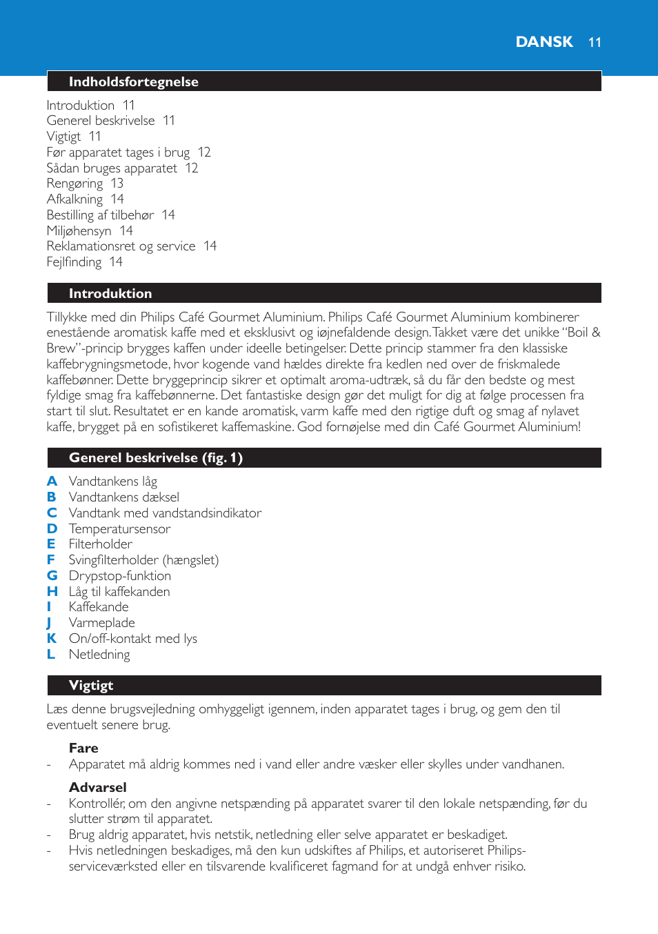 Dansk | Philips Aluminium Collection Cafetière User Manual | Page 11 / 76