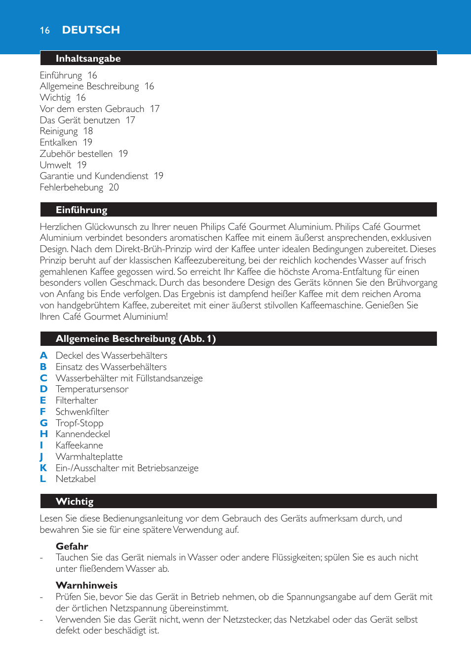 Deutsch, Deutsch 1 | Philips Aluminium Collection Cafetière User Manual | Page 16 / 76