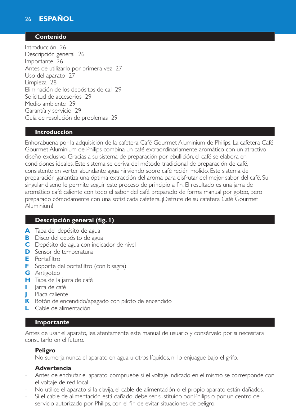 Español | Philips Aluminium Collection Cafetière User Manual | Page 26 / 76