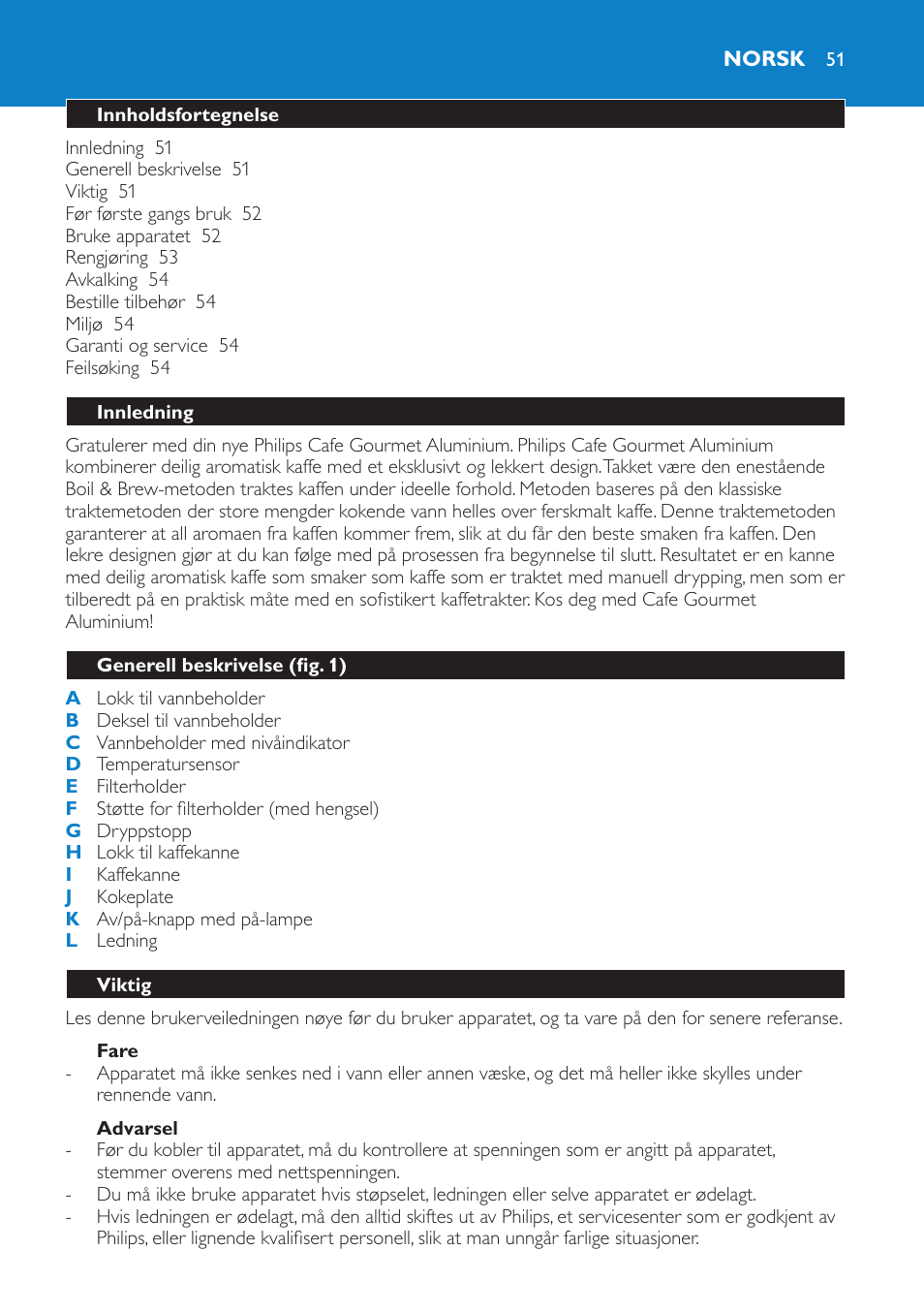 Norsk, Norsk 5 | Philips Aluminium Collection Cafetière User Manual | Page 51 / 76