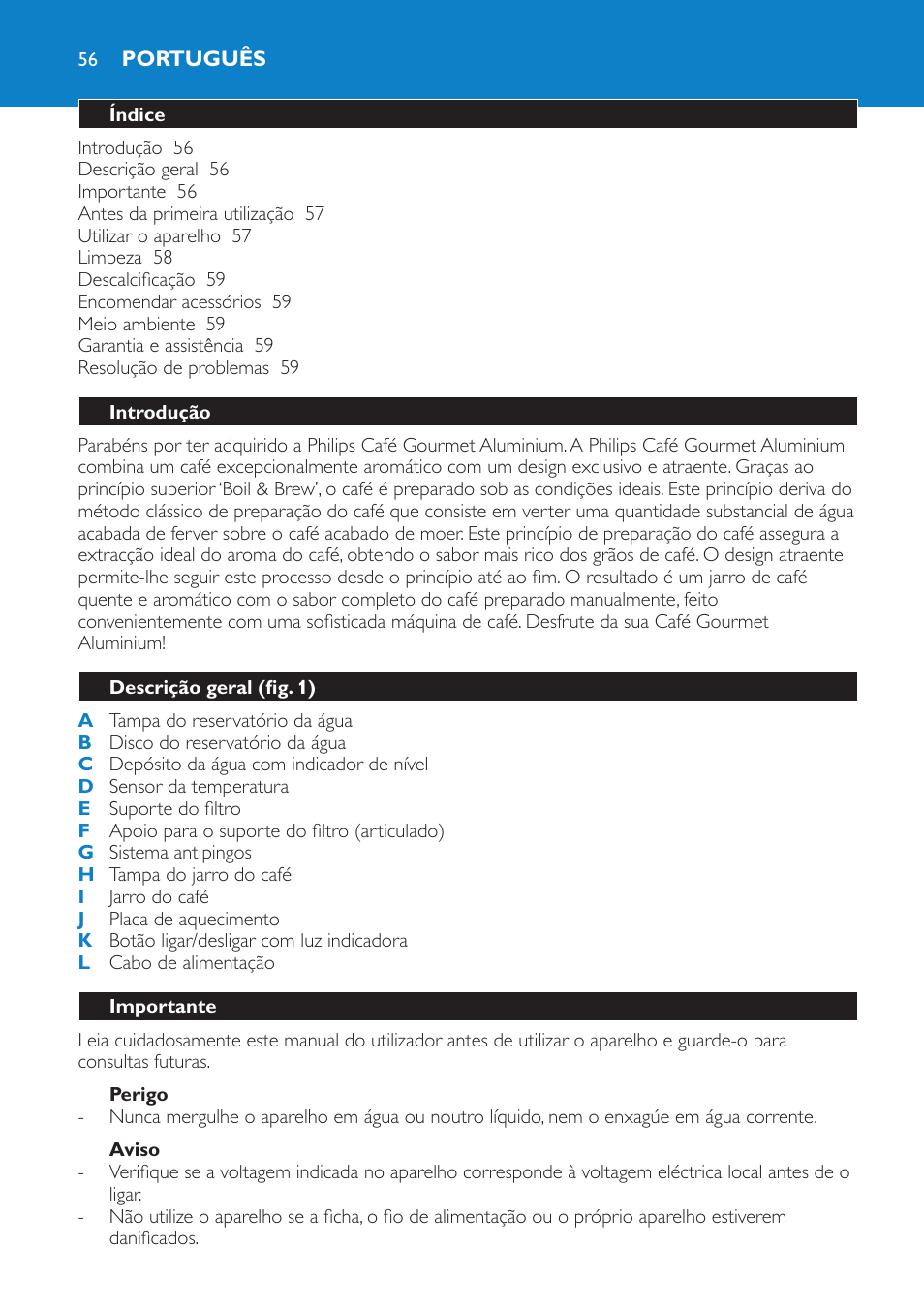 Português | Philips Aluminium Collection Cafetière User Manual | Page 56 / 76