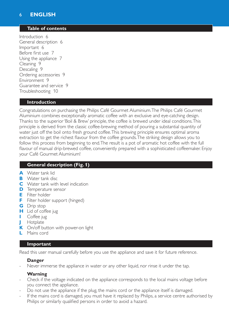 English | Philips Aluminium Collection Cafetière User Manual | Page 6 / 76