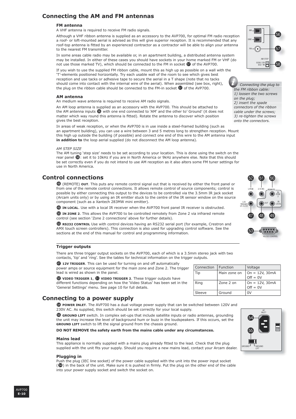 Connecting the am and fm antennas, Control connections, Connecting to a power supply | E-10 control connections, E-10 connecting to a power supply, E-10, Fo fp, Fq fr fs, Control connections es, Connecting to a power supply fo | Arcam AVP700 User Manual | Page 10 / 43
