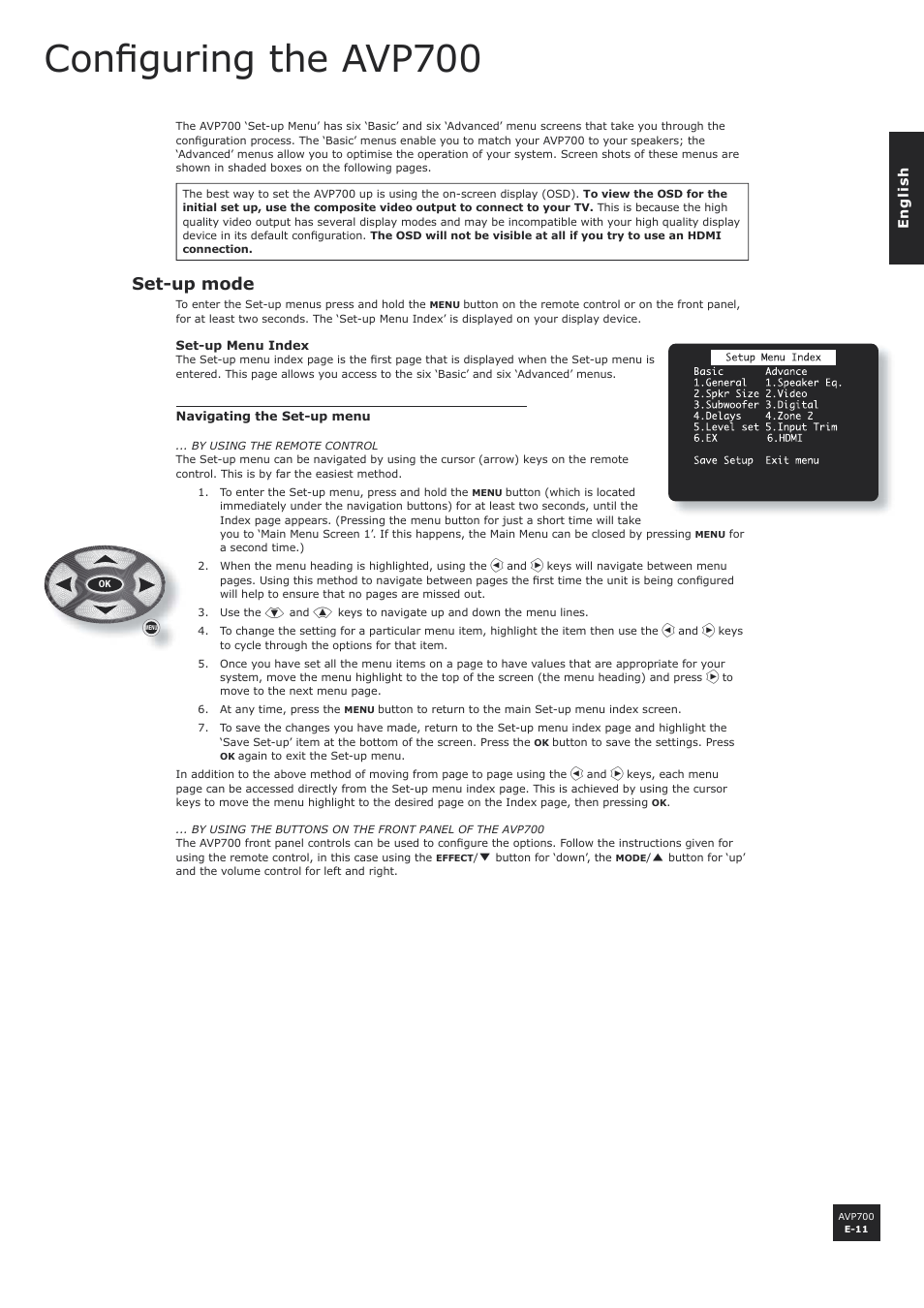 Configuring the avp700, Set-up mode, E-11 | Confi guring the avp700 | Arcam AVP700 User Manual | Page 11 / 43