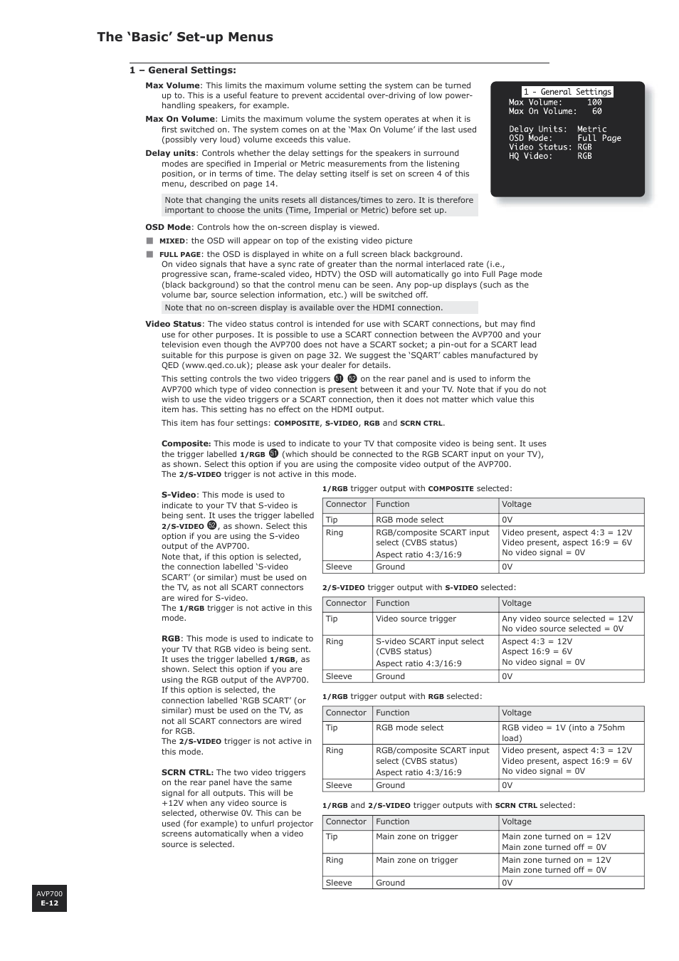The ‘basic’ set-up menus, E-12 | Arcam AVP700 User Manual | Page 12 / 43