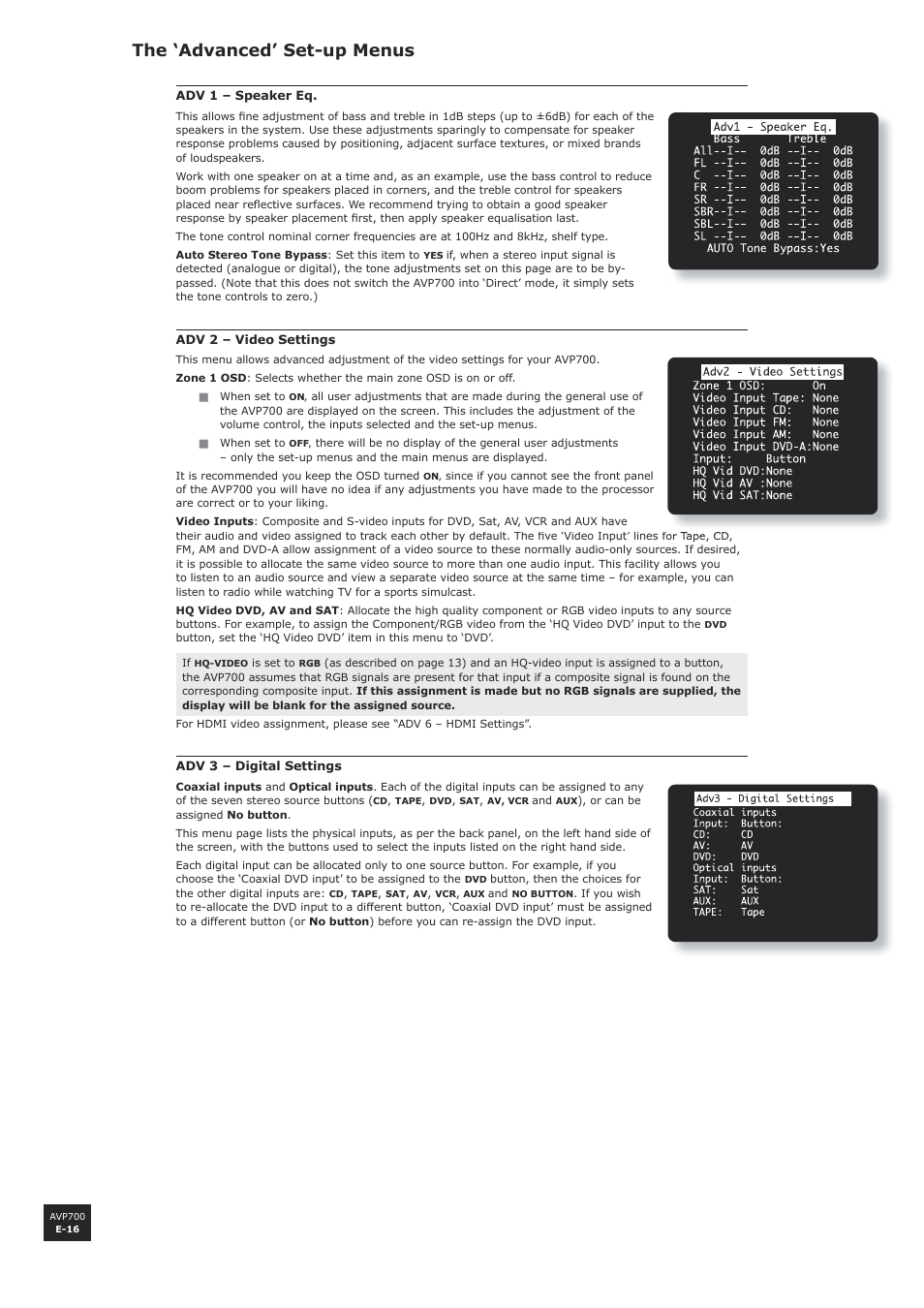 The ‘advanced’ set-up menus, E-16 | Arcam AVP700 User Manual | Page 16 / 43
