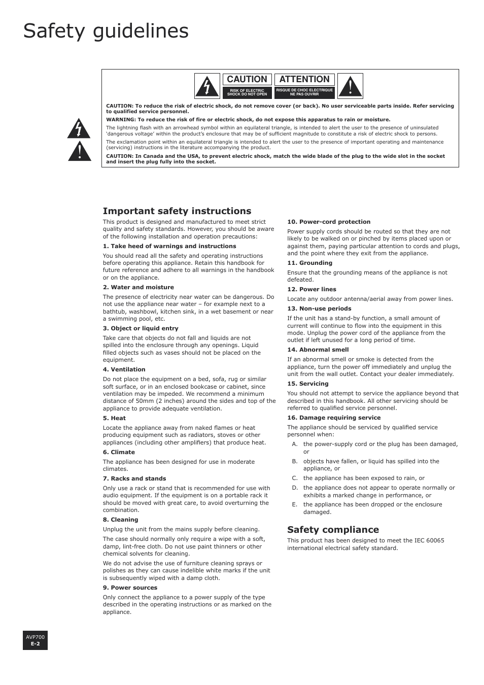 Safety guidelines, Important safety instructions, Safety compliance | Attention caution | Arcam AVP700 User Manual | Page 2 / 43