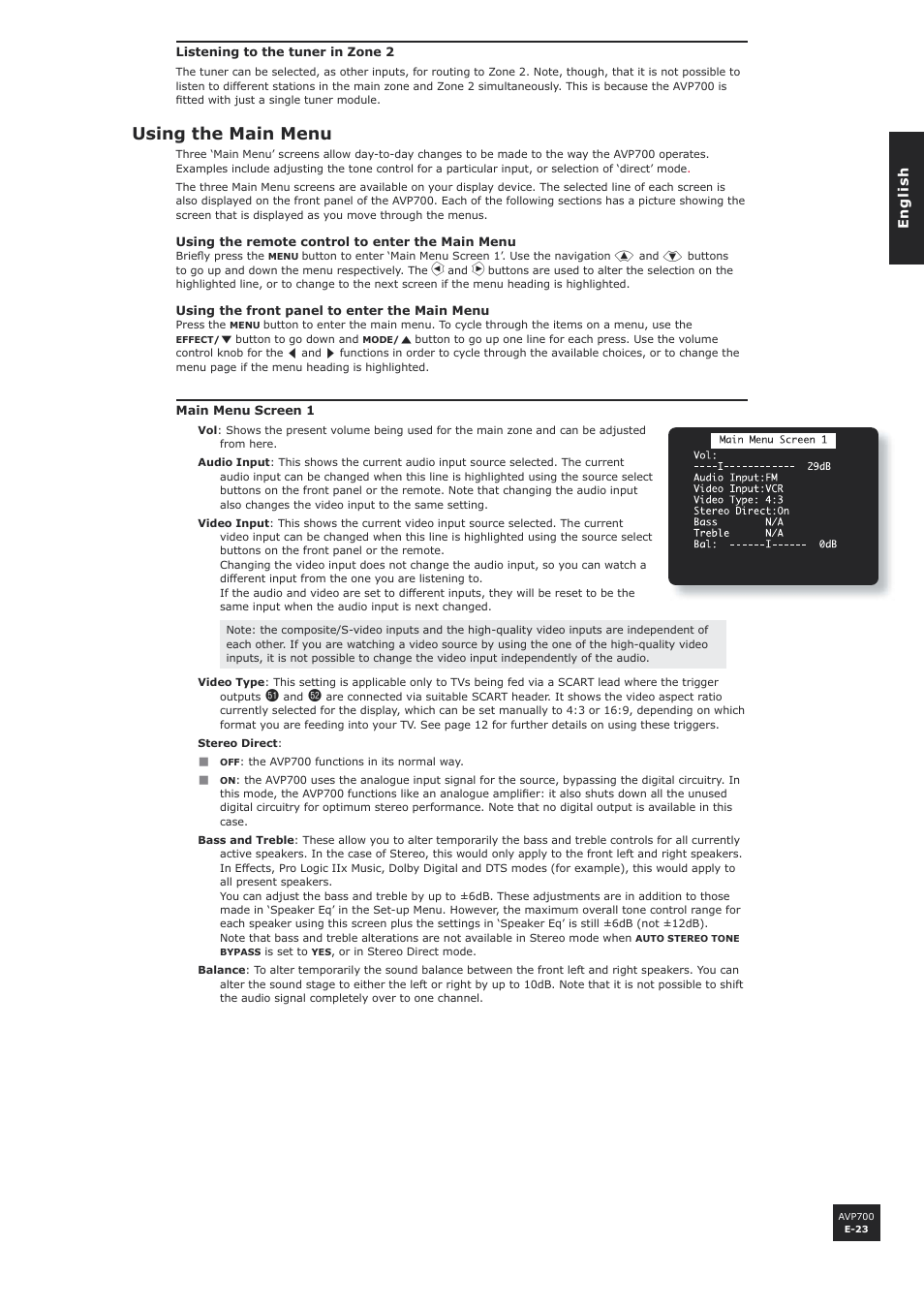 Using the main menu, E-23 | Arcam AVP700 User Manual | Page 23 / 43