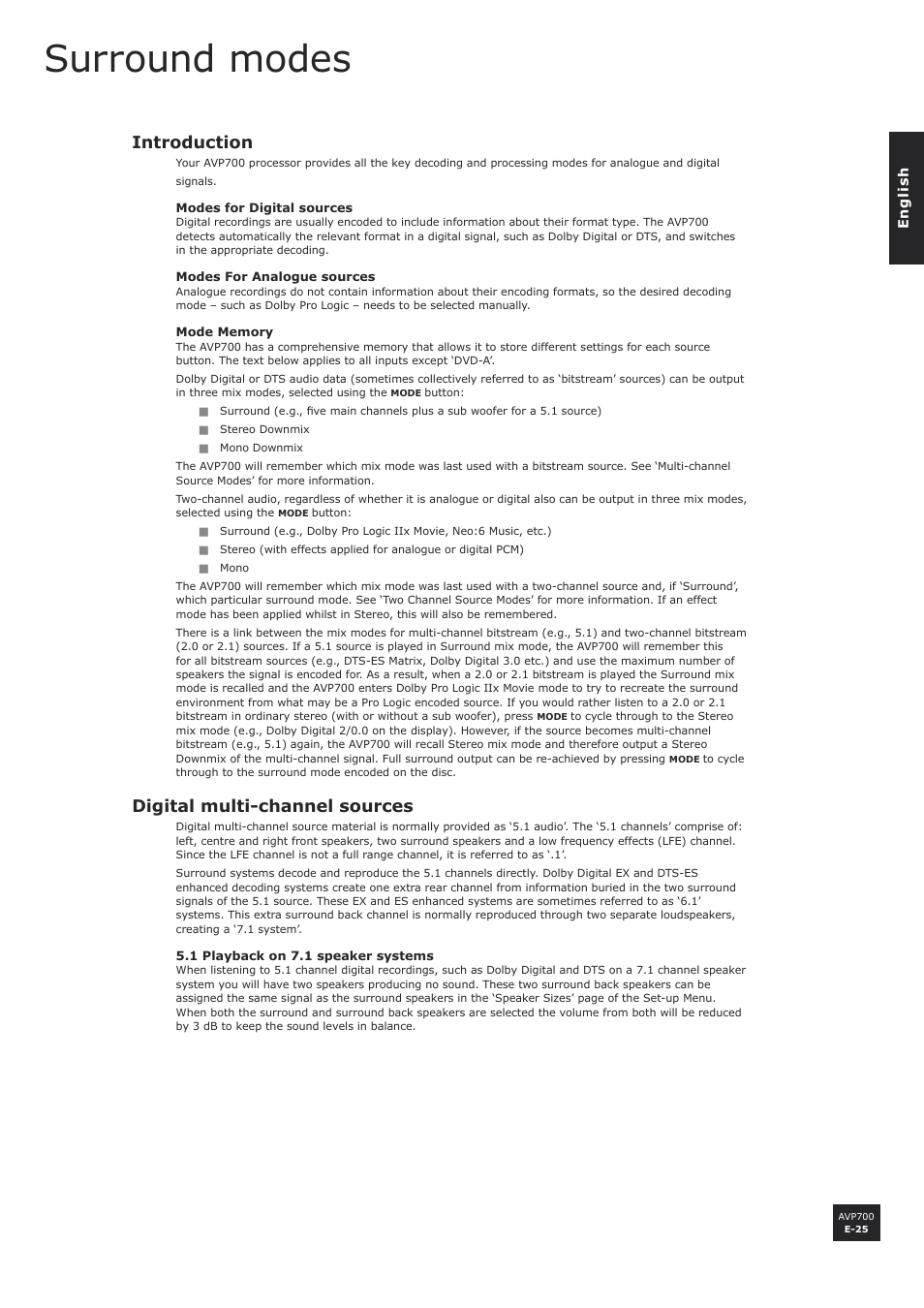Surround modes, Introduction, Digital multi-channel sources | E-25, E-25 digital multi-channel sources | Arcam AVP700 User Manual | Page 25 / 43