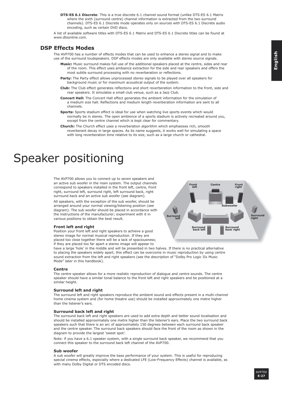 Dsp effects modes, Speaker positioning, E-27 | Arcam AVP700 User Manual | Page 27 / 43