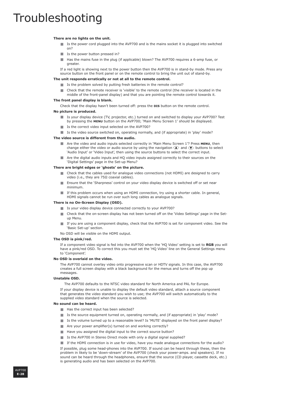 Troubleshooting, E-28 | Arcam AVP700 User Manual | Page 28 / 43