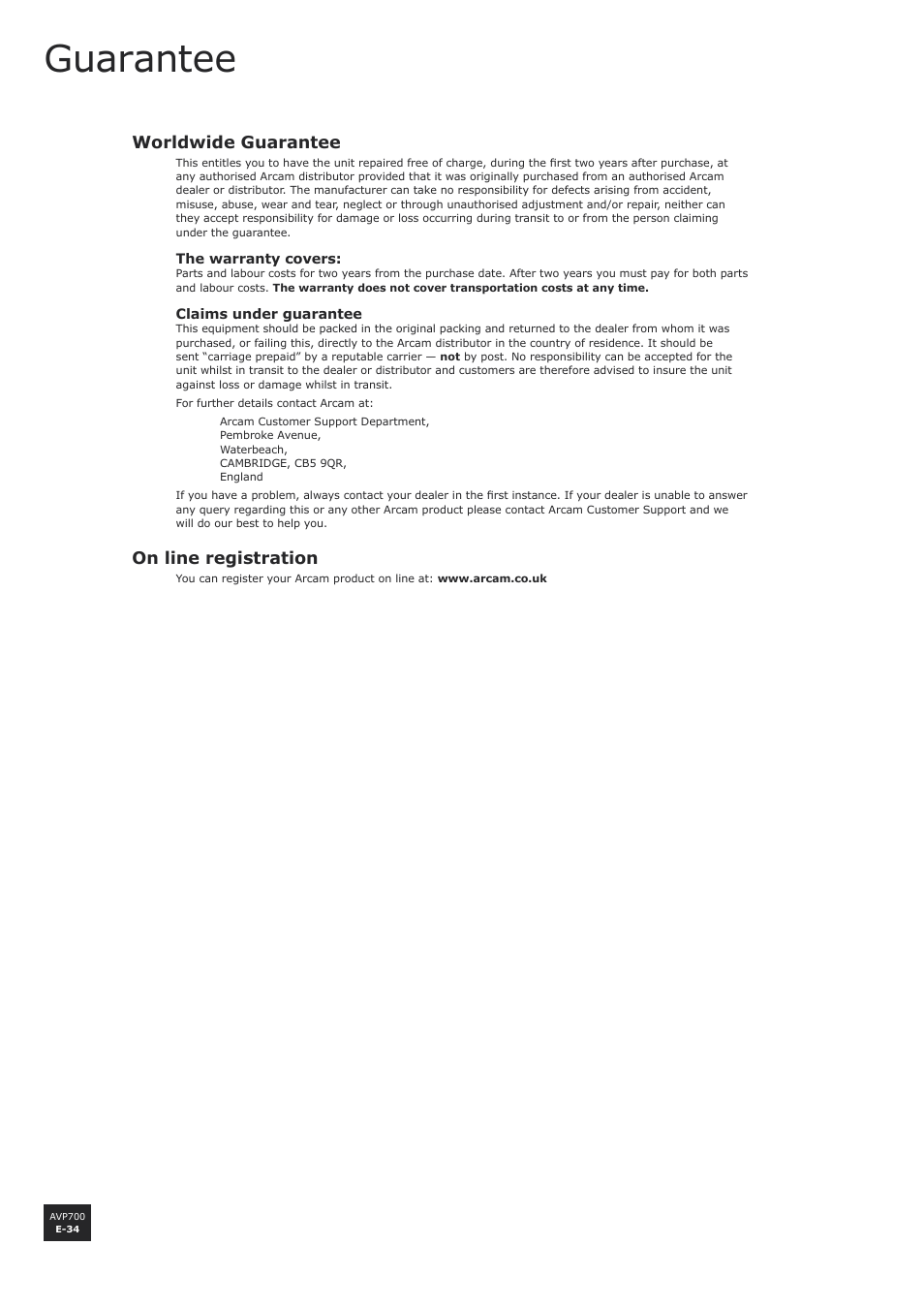 Guarantee, Worldwide guarantee, On line registration | E-34, E-34 on line registration | Arcam AVP700 User Manual | Page 34 / 43