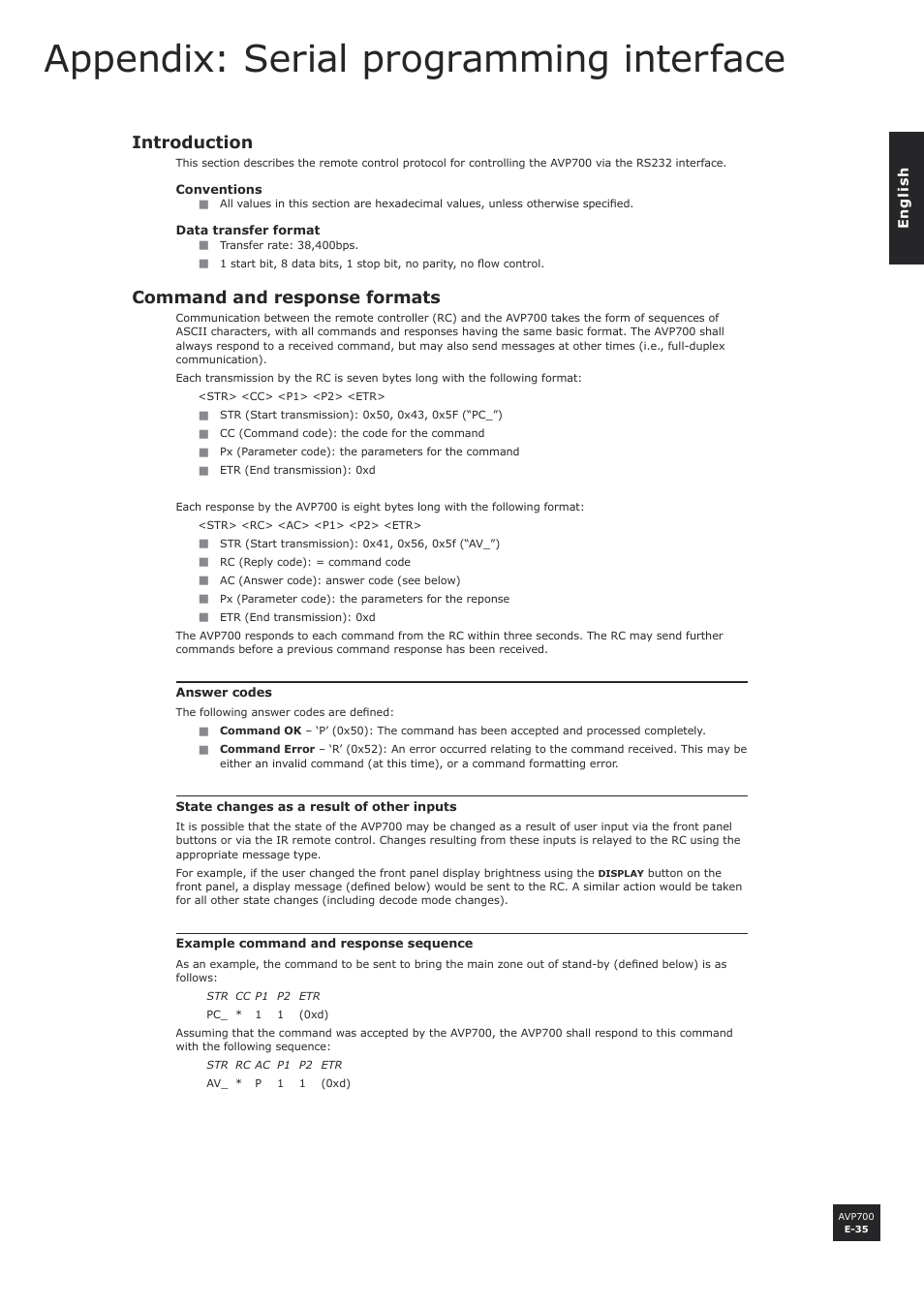Appendix: serial programming interface, Introduction, Appendix: serial programming interface e-35 | E-35, Command and response formats | Arcam AVP700 User Manual | Page 35 / 43