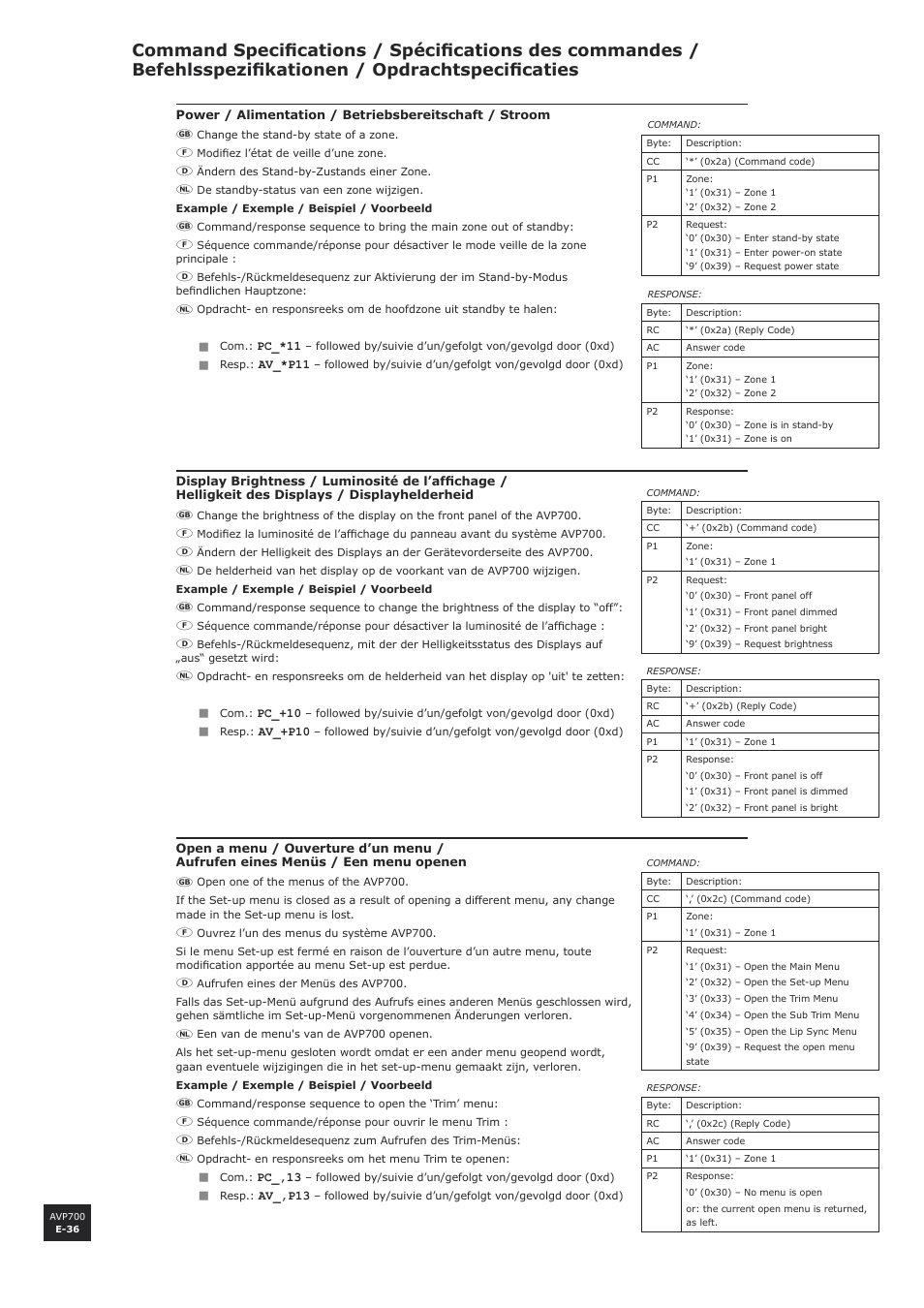 Command specifications, E-36 | Arcam AVP700 User Manual | Page 36 / 43