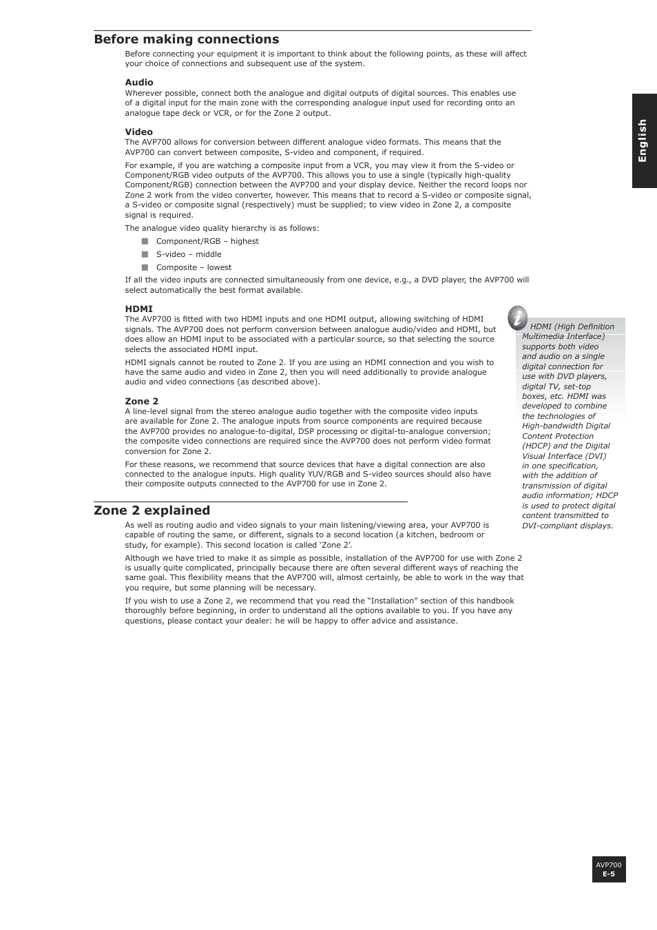 Before making connections, Zone 2 explained | Arcam AVP700 User Manual | Page 5 / 43