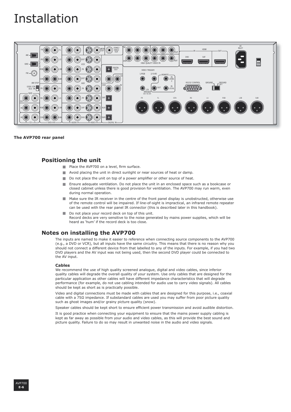 Installation, Positioning the unit, Notes on installing the avp700 | E-6 notes on installing the avp700, En g li s h, Cables, The avp700 rear panel | Arcam AVP700 User Manual | Page 6 / 43