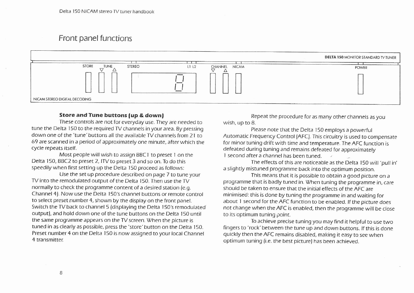 Front panel functions, Store and tune buttons (up & down) | Arcam Delta 150 NICAM User Manual | Page 10 / 18