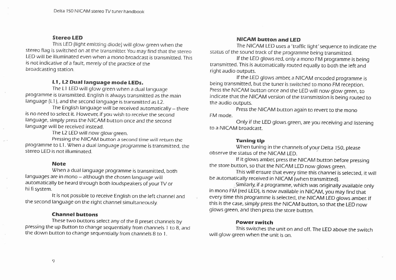 Stereo led, Li, l2 dual language mode leds, Note | Channel buttons, Nicam button and led, Tuning tip, Power switch | Arcam Delta 150 NICAM User Manual | Page 11 / 18