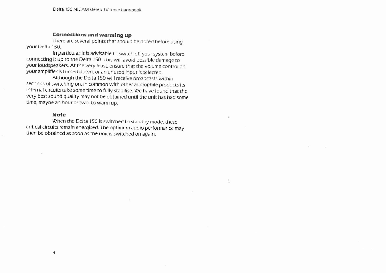 Connections and warming up, Note | Arcam Delta 150 NICAM User Manual | Page 6 / 18