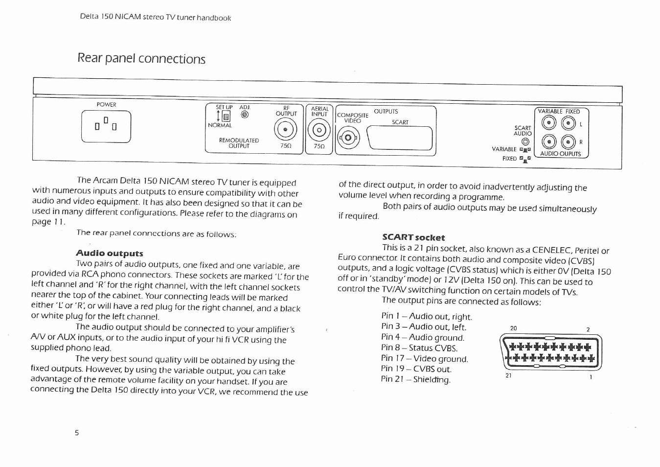 Rear panel connections, Audio outputs, Scart socket | Arcam Delta 150 NICAM User Manual | Page 7 / 18