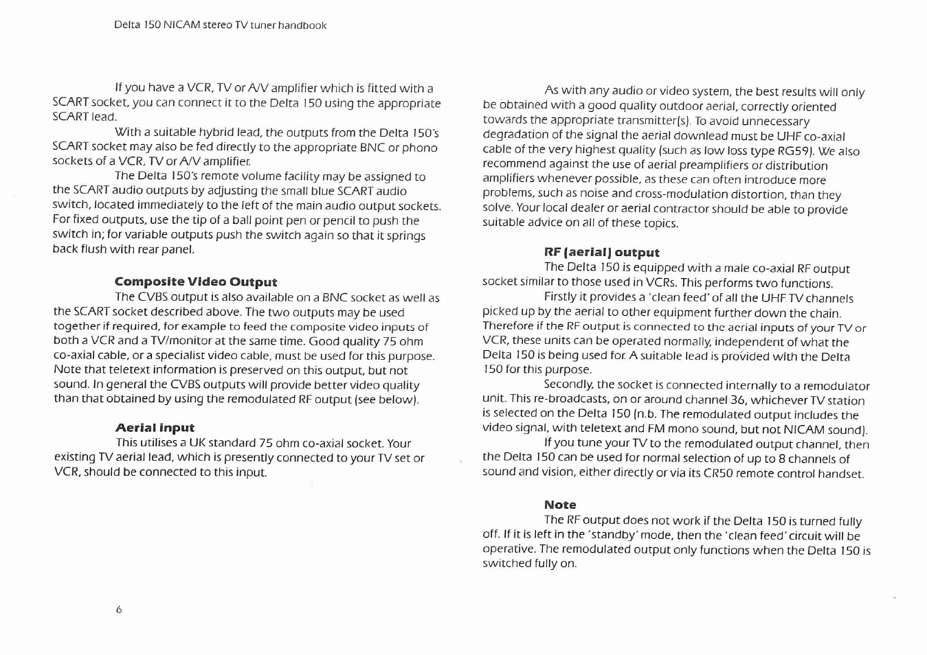 Composite video output, Aerial input, Rf (aerial) output | Note | Arcam Delta 150 NICAM User Manual | Page 8 / 18