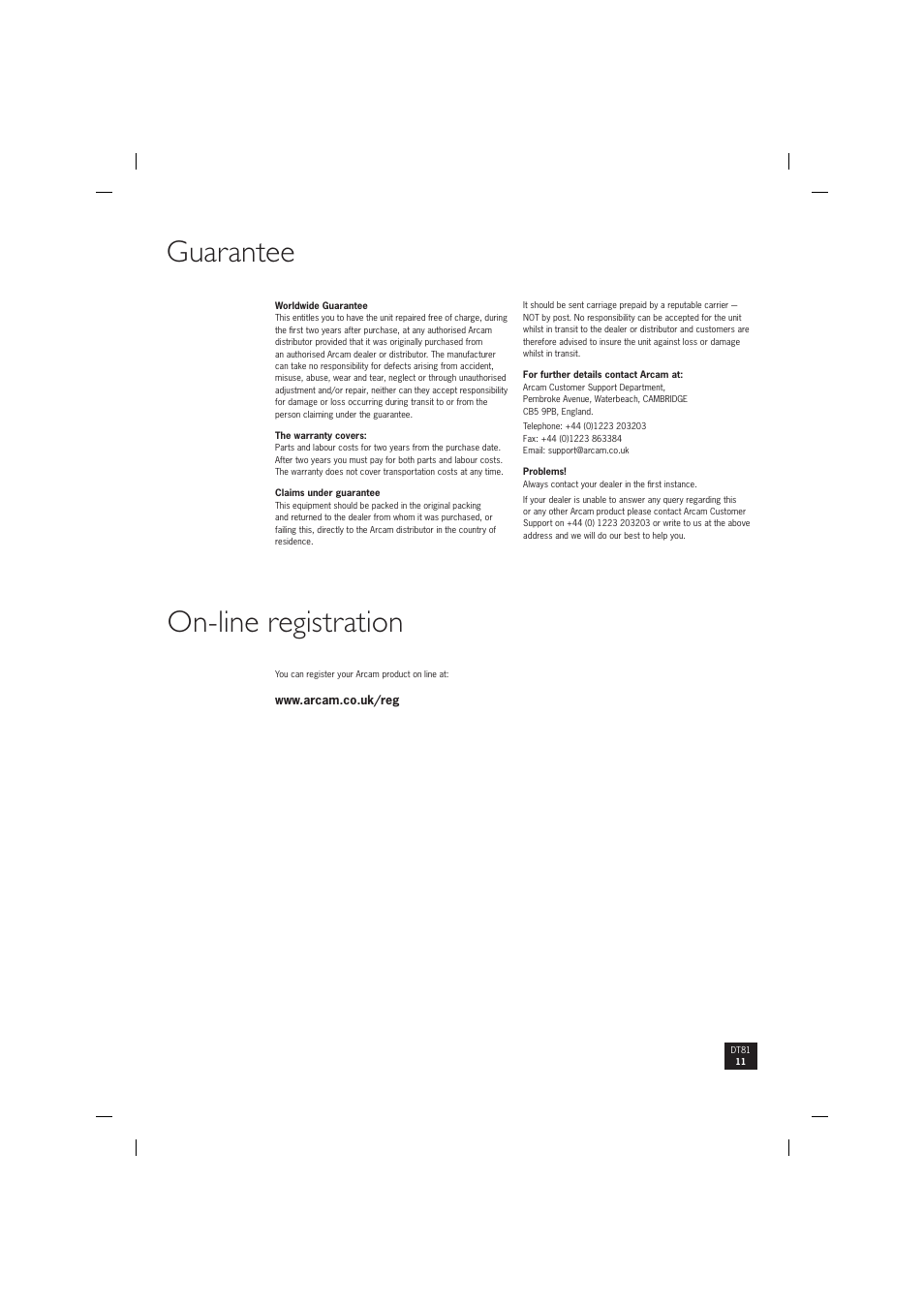 Guarantee on-line registration | Arcam digital radio tuner DT81 User Manual | Page 11 / 12