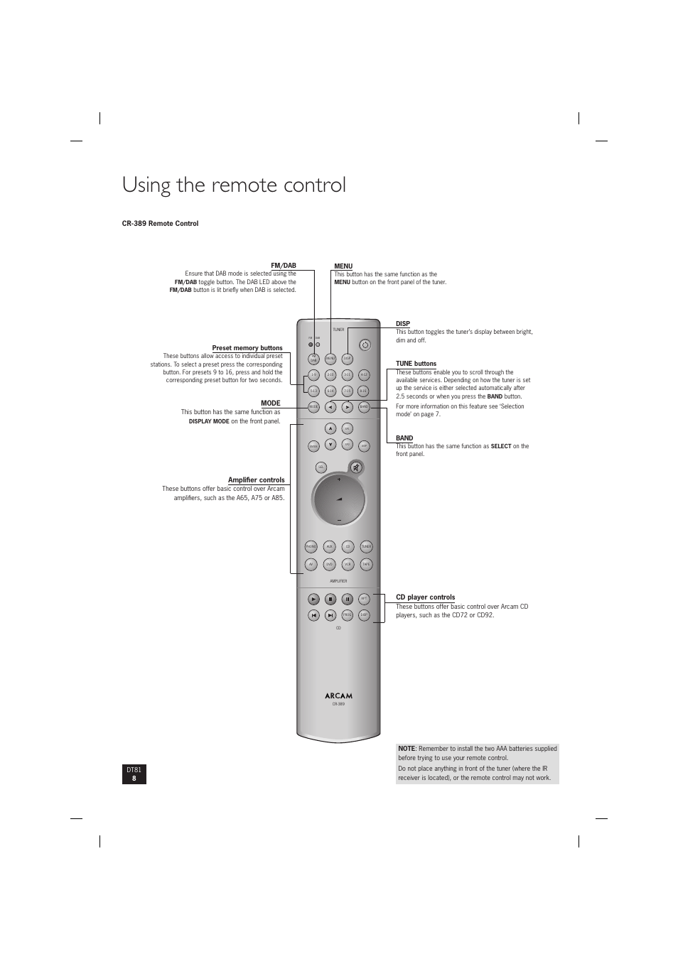 Using the remote control | Arcam digital radio tuner DT81 User Manual | Page 8 / 12