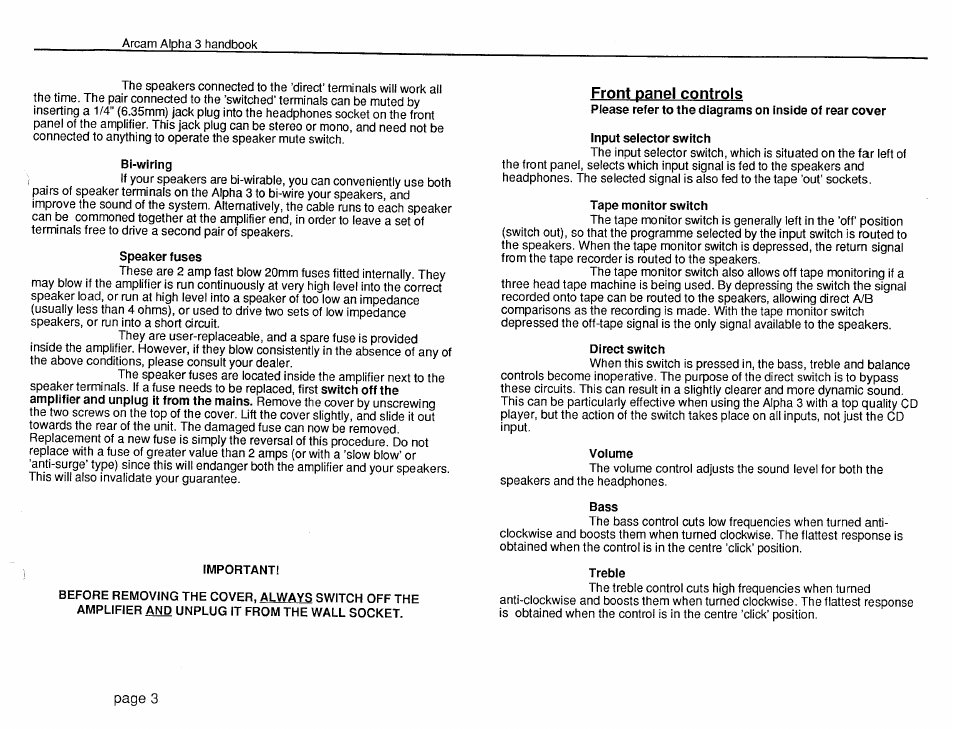 Bi-wiring, Front panel controls | Arcam Alpha 3 User Manual | Page 3 / 9