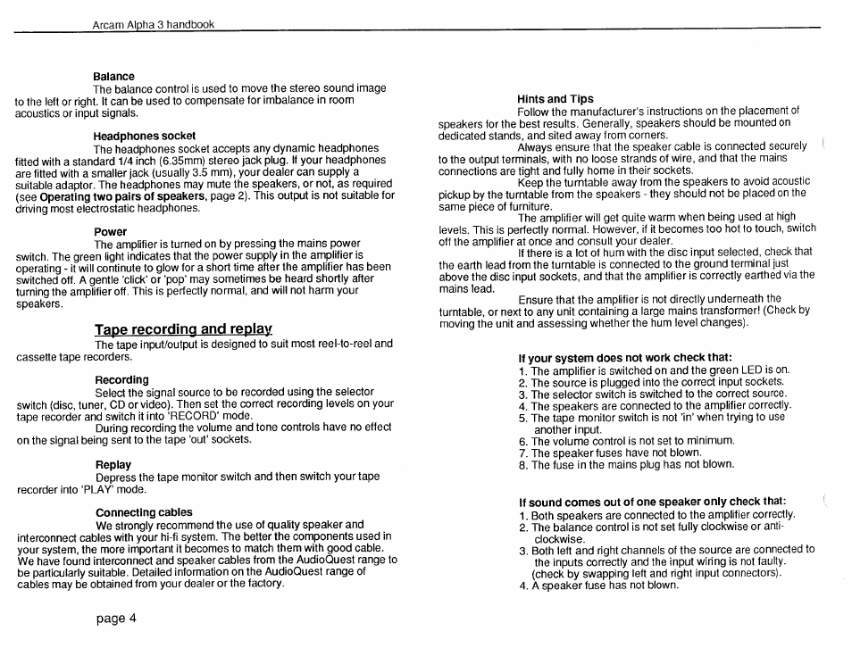 Balance, Headphones socket, Power | Recording, Replay, Connecting cables, Hints and tips, If your system does not work check that, If sound comes out of one speaker only check that, Tape recording and replay | Arcam Alpha 3 User Manual | Page 4 / 9