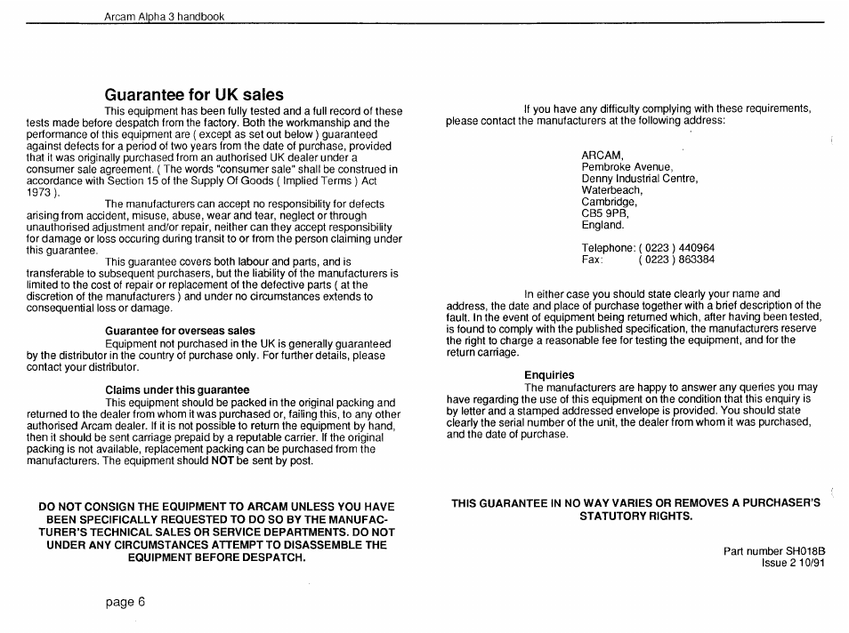 Guarantee for uk sales | Arcam Alpha 3 User Manual | Page 7 / 9