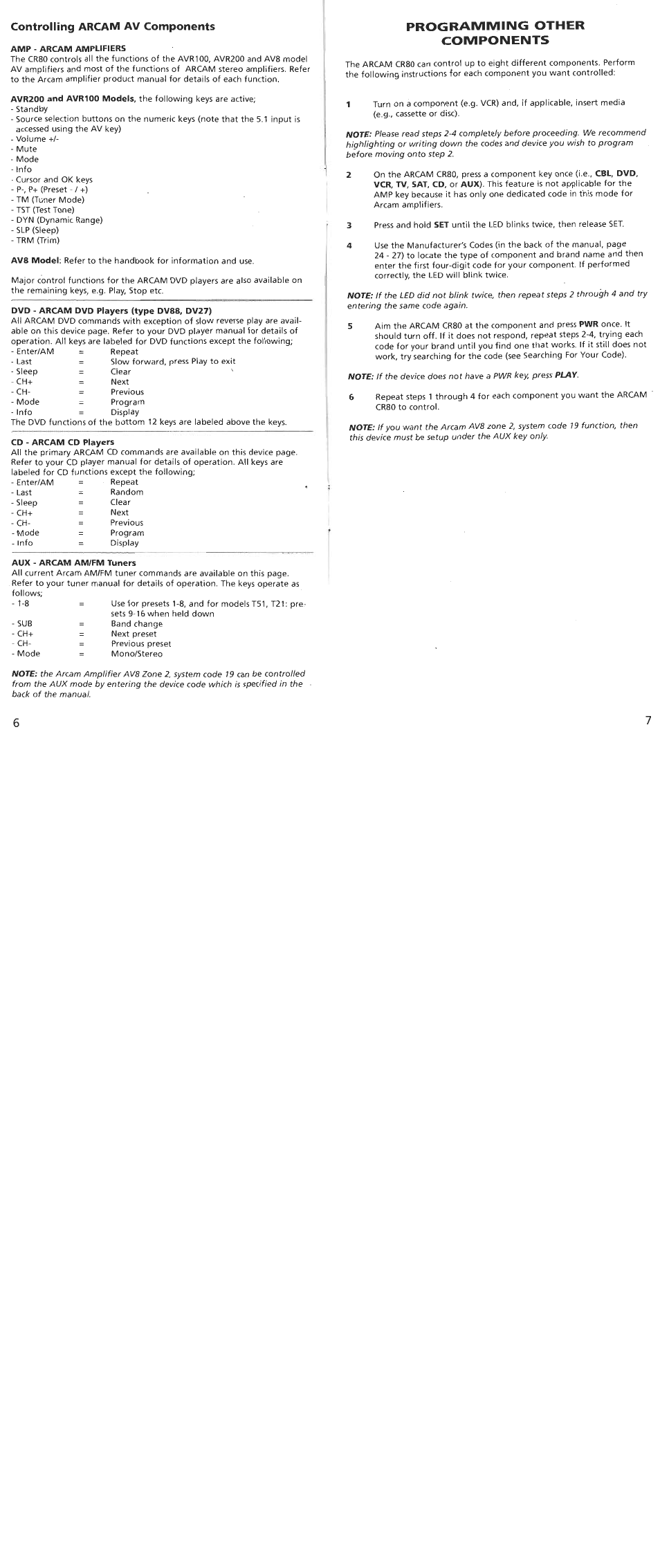 Programming other components, Controlling arcam av components | Arcam CR80 User Manual | Page 4 / 9