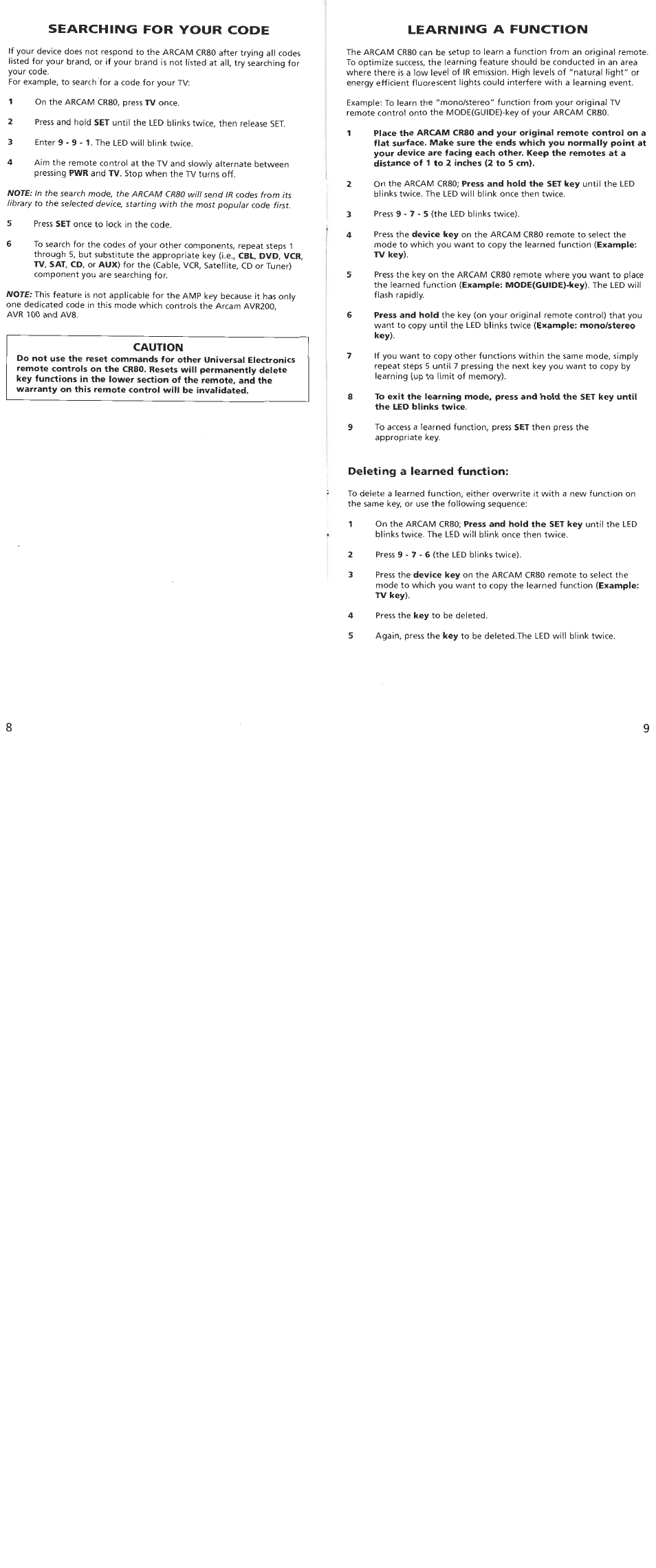 Searching for your code learning a function, Caution, Deleting a learned function | Arcam CR80 User Manual | Page 5 / 9