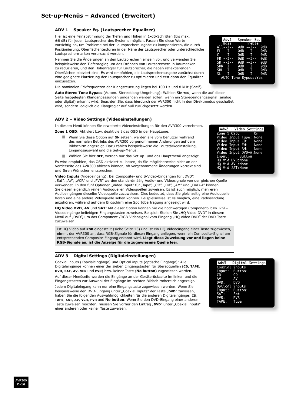 Set-up-menüs – advanced (erweitert), D-16 | Arcam surround sound receiver AVR300 User Manual | Page 100 / 160