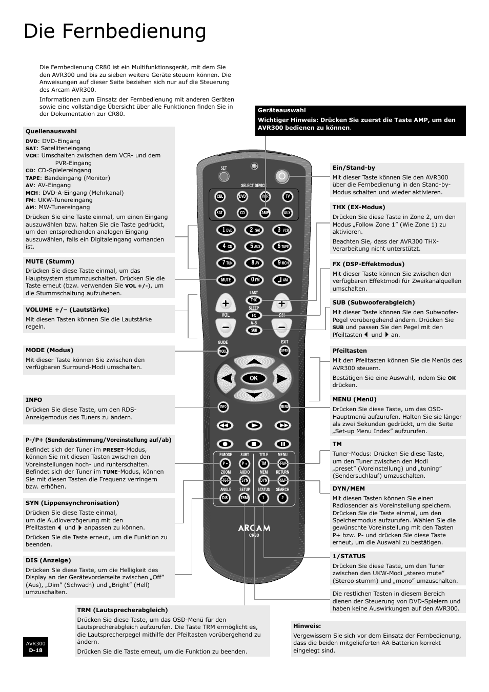 Die fernbedienung, D-18, De u ts c h | Arcam surround sound receiver AVR300 User Manual | Page 102 / 160