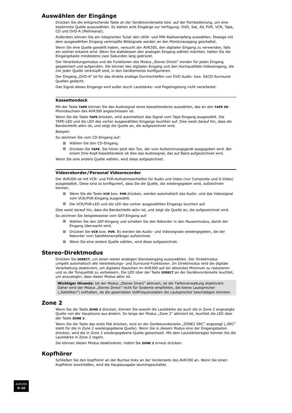 Auswählen der eingänge, Stereo-direktmodus, Zone 2 | Kopfhörer, D-20 stereo-direktmodus, D-20 zone 2, D-20 kopfhörer, D-20 | Arcam surround sound receiver AVR300 User Manual | Page 104 / 160
