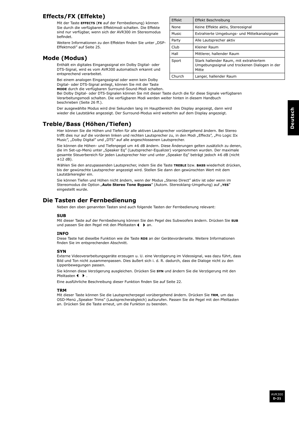 Effects/fx (effekte), Mode (modus), Treble/bass (höhen/tiefen) | Die tasten der fernbedienung, D-21 mode (modus), D-21 treble/bass (höhen/tiefen), D-21 die tasten der fernbedienung, D-21 | Arcam surround sound receiver AVR300 User Manual | Page 105 / 160