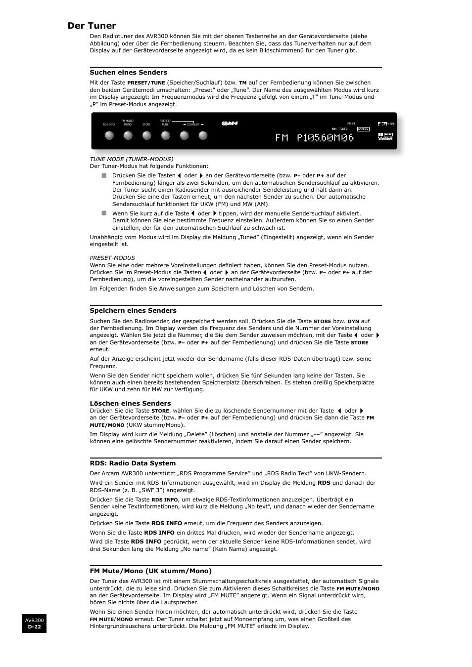 Der tuner, D-22 | Arcam surround sound receiver AVR300 User Manual | Page 106 / 160