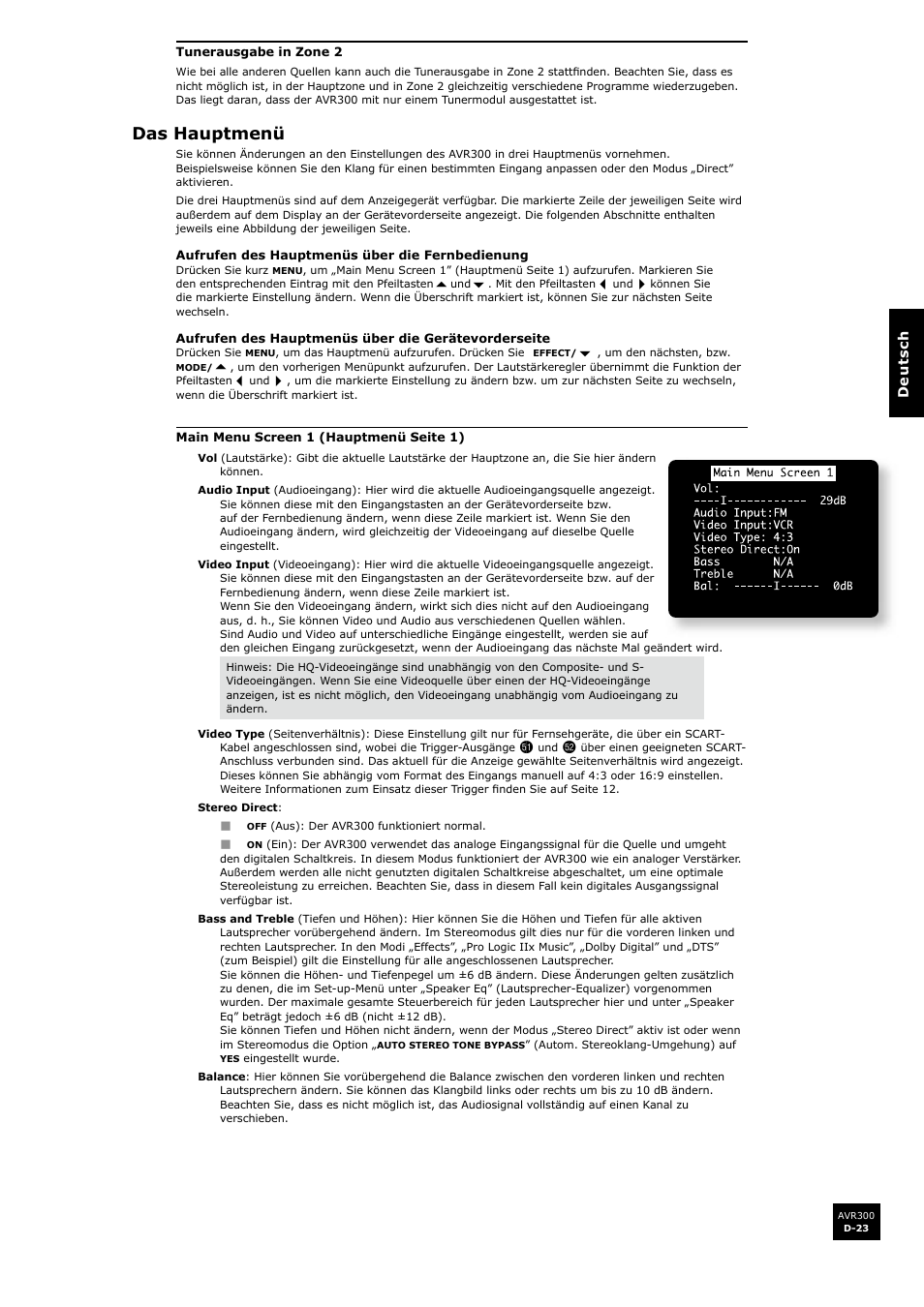 Das hauptmenü, D-23 | Arcam surround sound receiver AVR300 User Manual | Page 107 / 160