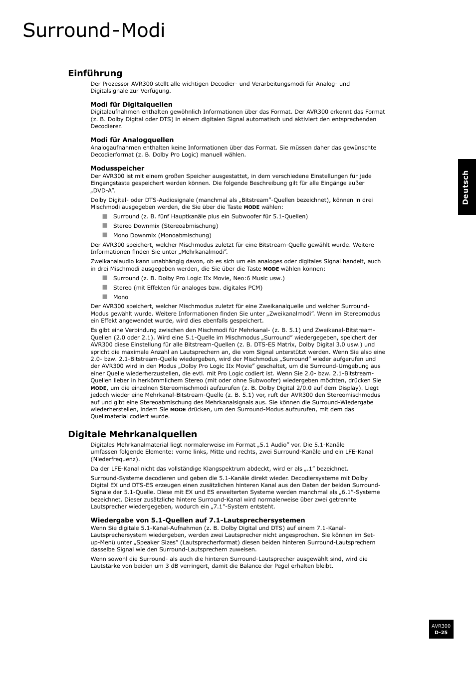 Surround-modi, Einführung, Digitale mehrkanalquellen | D-25, D-25 digitale mehrkanalquellen | Arcam surround sound receiver AVR300 User Manual | Page 109 / 160