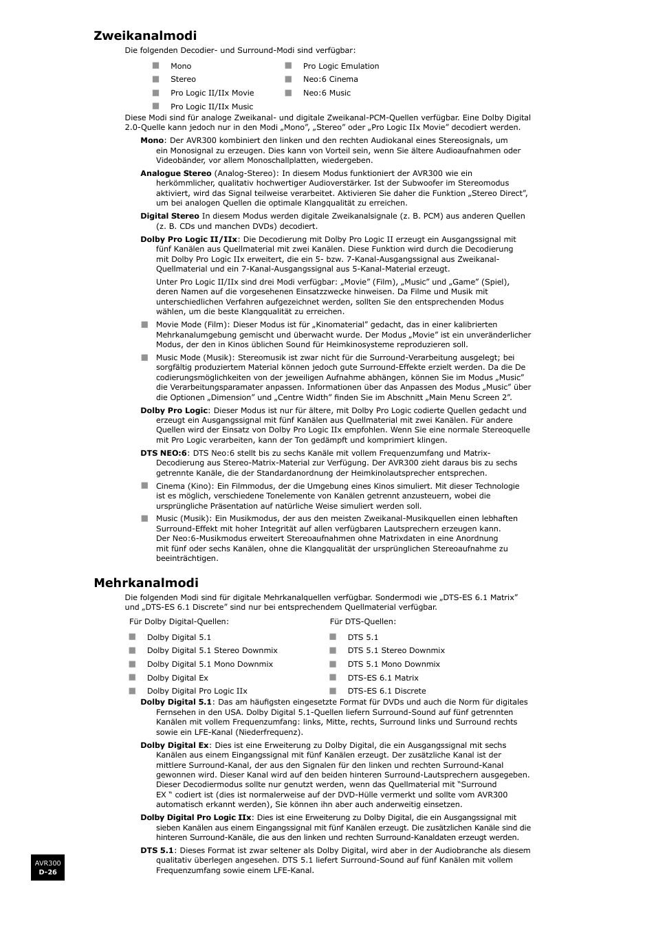 Zweikanalmodi, Mehrkanalmodi, D-26 mehrkanalmodi | D-26 | Arcam surround sound receiver AVR300 User Manual | Page 110 / 160