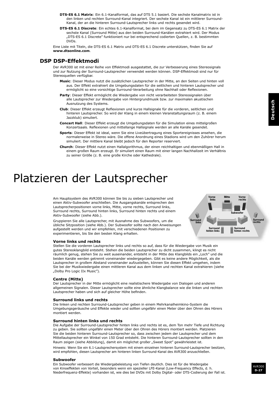 Dsp dsp-effektmodi, Platzieren der lautsprecher, D-27 | Arcam surround sound receiver AVR300 User Manual | Page 111 / 160