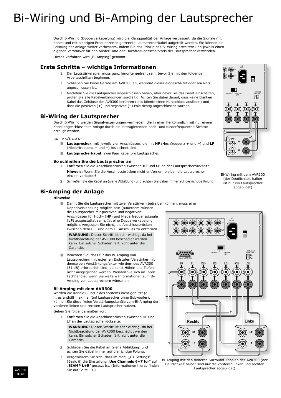 Bi-wiring und bi-amping der lautsprecher, Erste schritte – wichtige informationen, Bi-wiring der lautsprecher | Bi-amping der anlage, D-28, D-28 bi-wiring der lautsprecher, D-28 bi-amping der anlage, De u ts c h | Arcam surround sound receiver AVR300 User Manual | Page 112 / 160