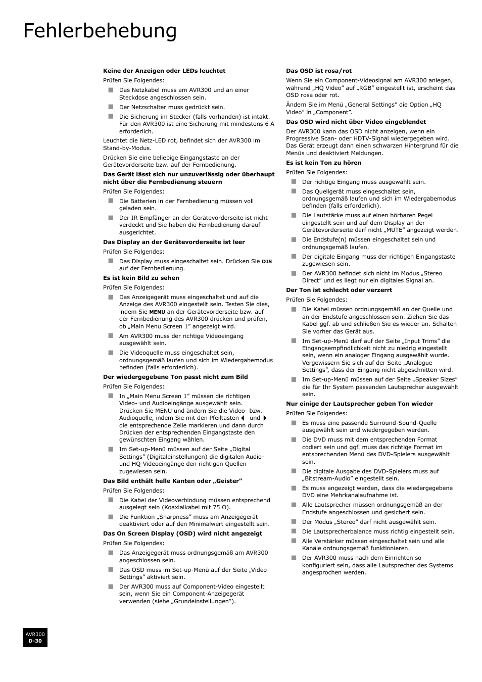 Fehlerbehebung, D-30 | Arcam surround sound receiver AVR300 User Manual | Page 114 / 160