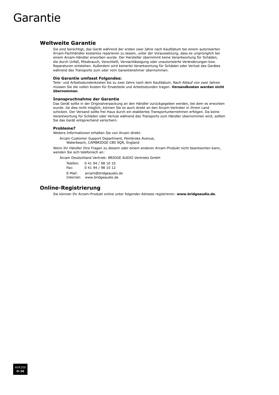 Garantie, Weltweite garantie, Online-registrierung | D-36, D-36 online-registrierung | Arcam surround sound receiver AVR300 User Manual | Page 120 / 160