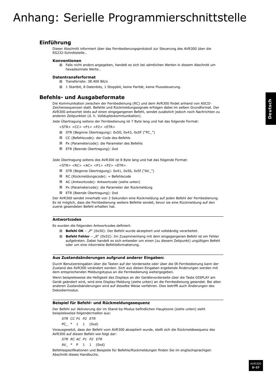 Anhang: serielle programmierschnittstelle, Einführung, Befehls- und ausgabeformate | D-37, D-37 befehls- und ausgabeformate | Arcam surround sound receiver AVR300 User Manual | Page 121 / 160