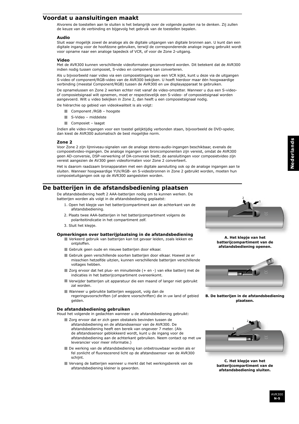 Voordat u aansluitingen maakt, De batterijen in de afstandsbediening plaatsen | Arcam surround sound receiver AVR300 User Manual | Page 127 / 160